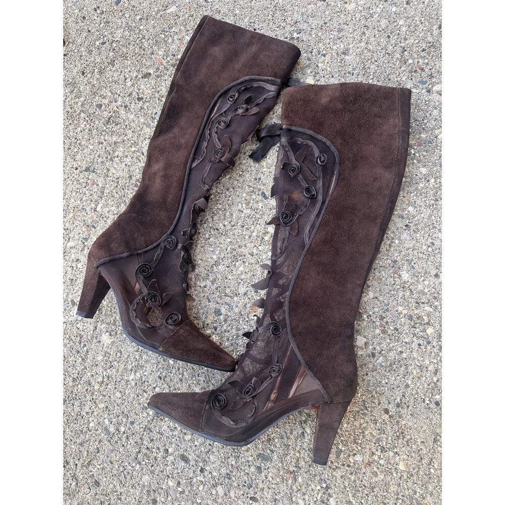 Vintage Bellini Sheer Panel Suede Rosette Design Boots Size 6.5 New, Rare Find!